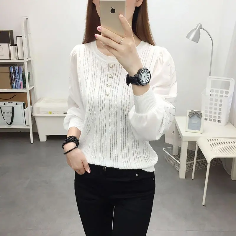 Fashion Chiffon Knitted Patchwork Pullovers Female Clothing Casual O-Neck Spring Autumn Long Sleeve Fashion Pearl Button T-shirt