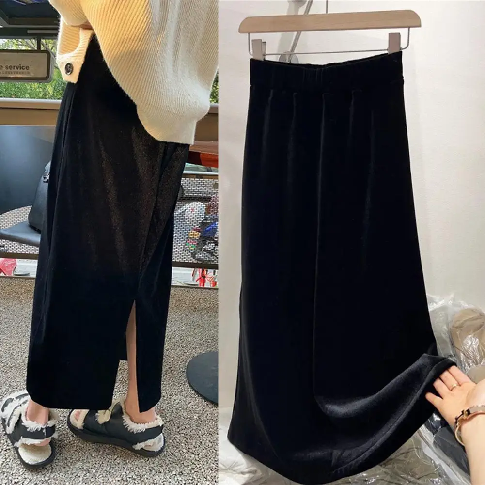 

High-waisted Black Skirt Elegant Solid Color Maxi Skirt with Split Hem Elastic Waist for Women Soft Breathable Ankle Length Fall