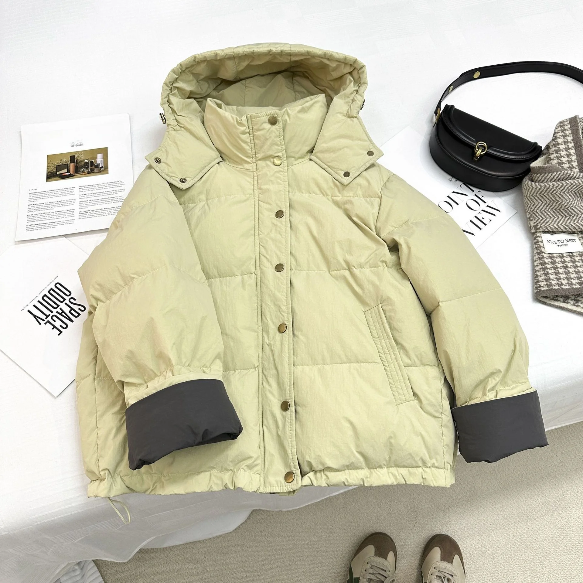 Stijlvol geelgroen winterkatoenen jas Dames losse casual jas met capuchon Trendy comfortabele modieuze bovenkleding