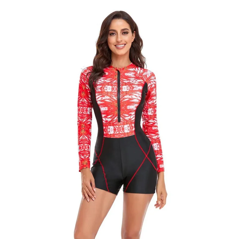 

2024Women's One-Piece Boxer Long Sleeve Surfing Suit Sun-Proof Swimsuit Printed Swimsuit