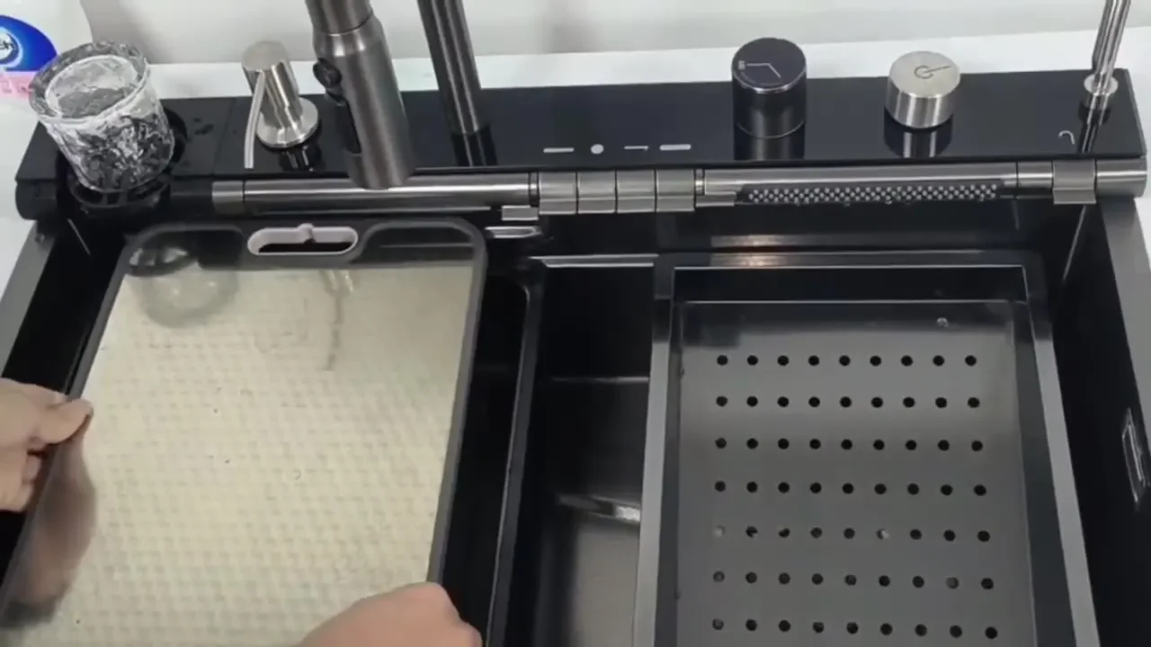 Commercial Restaurant Single Bowls Stainless Steel Waterfall Multifunctional Glass Rinser Smart Kitchen Sink