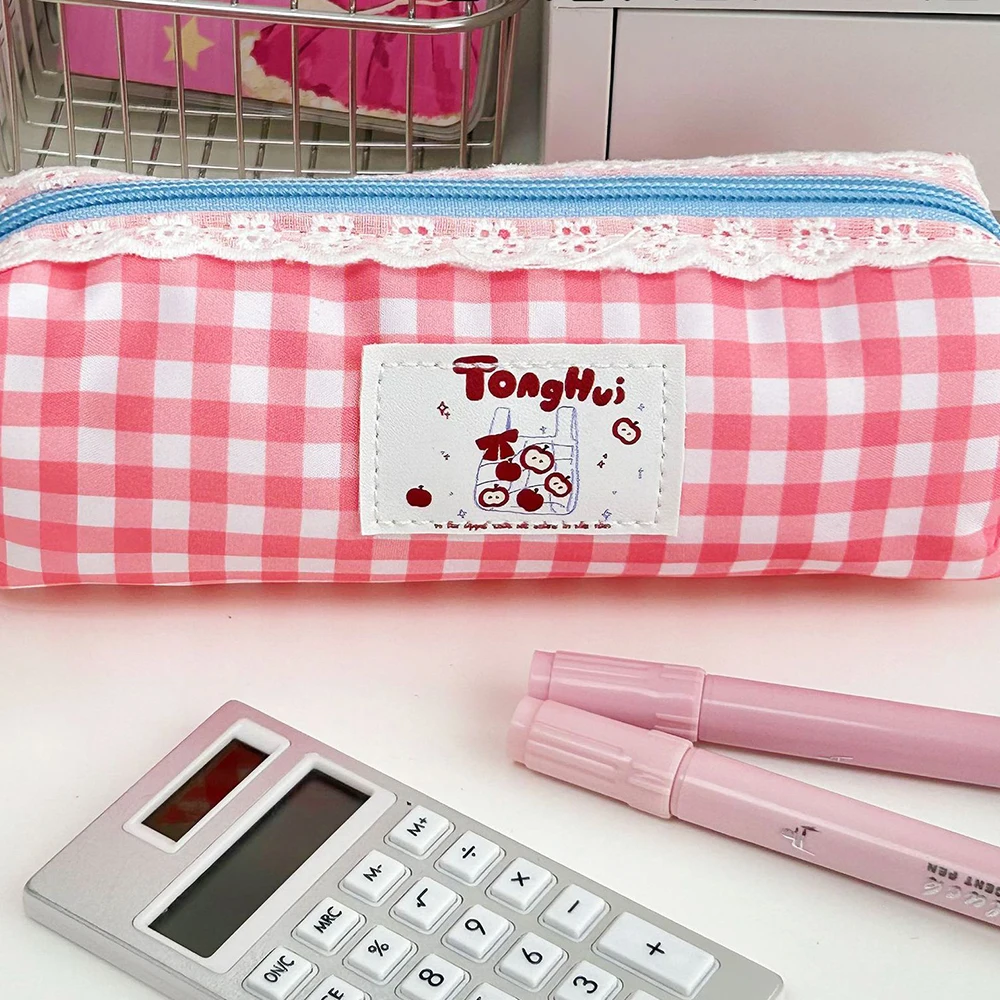 Jolie trousse à crayons en dentelle dopamine avec un appel esthétique élevé, style Instagram, rangement de papeterie pour étudiantes