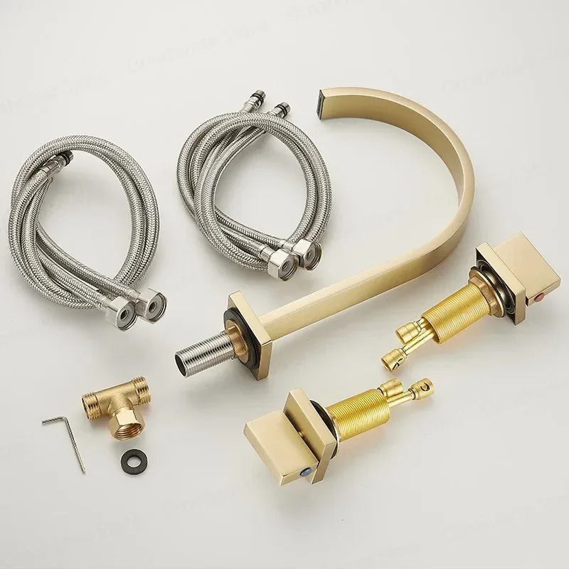 Brushed Gold Square Bathroom Faucet 3 Hole Double Handle Brass Sink Tap Hot And Cold Deck Mounted Basin Water Tap