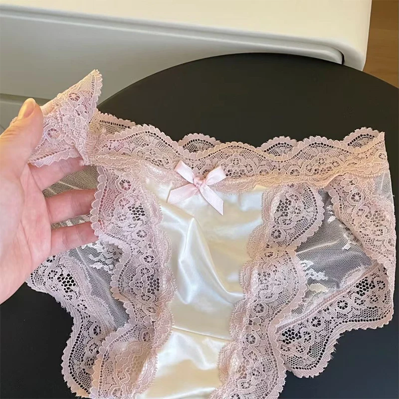 Satin Mesh Lace Patch Bow Women's Underwear Sexy Low Waist Hollow Underwear Low Waist Pure Cotton Pure Desire Thong