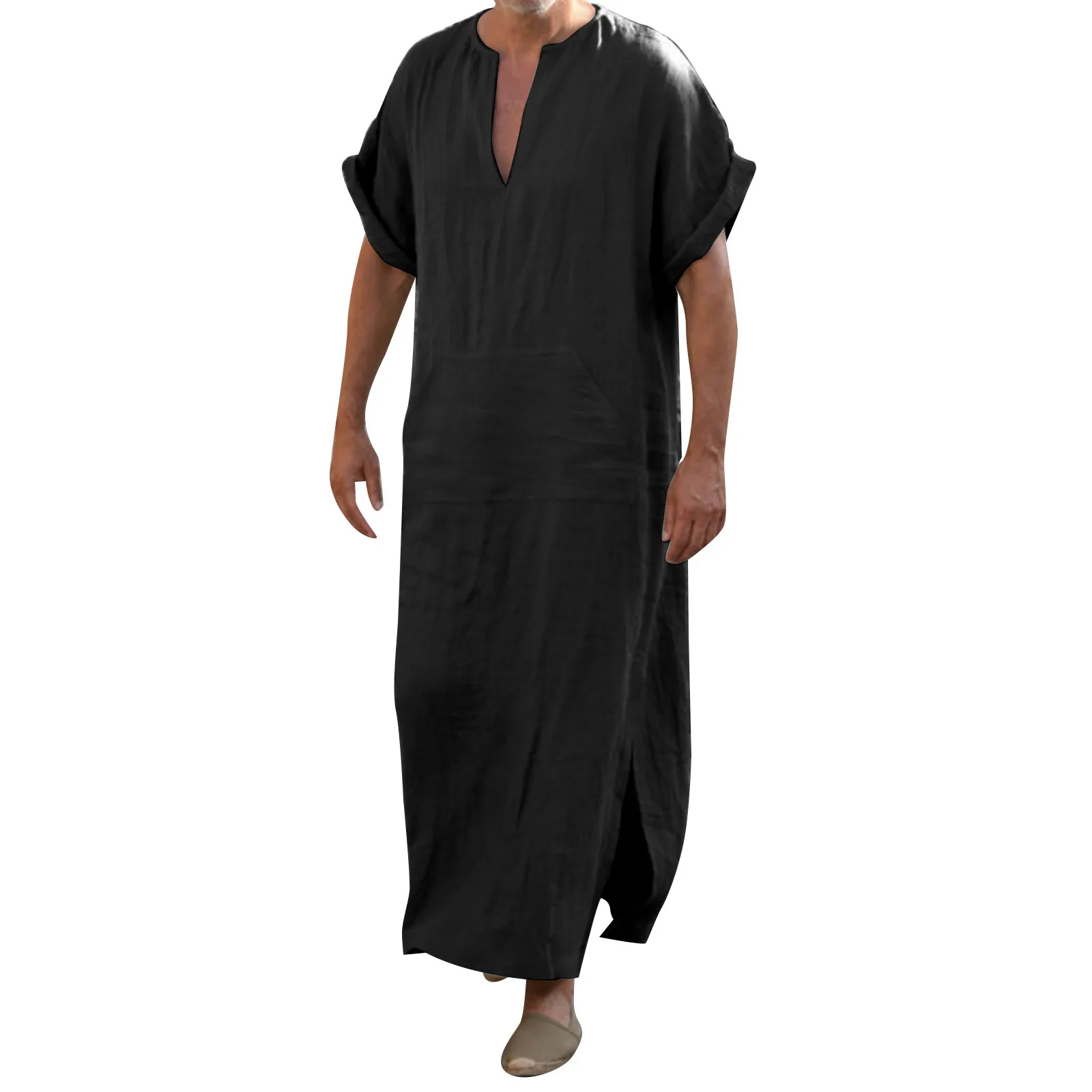 Plus Size Men Solid Color Muslim Robe Retro Arab Islamic Long Dress Casual Cotton Linen Long Kaftan Middle East Islamic Clothing