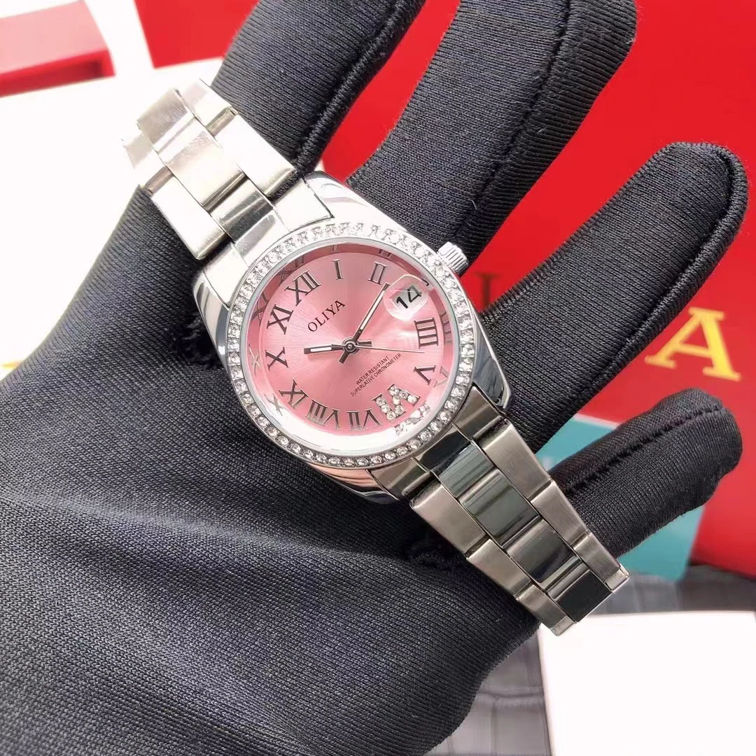 Light luxury waterproof diamond-encrusted Japanese quartz movement log blue leather strap steel case Success women's watch