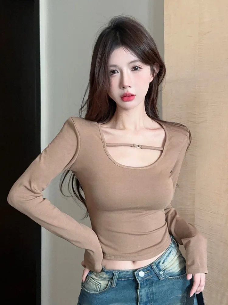 

American Style Slim Fit Short Sleeve T-Shirt Bony Lock Base Shirt Trendy Pure Color Commute Style Long Sleeve round Neck Top