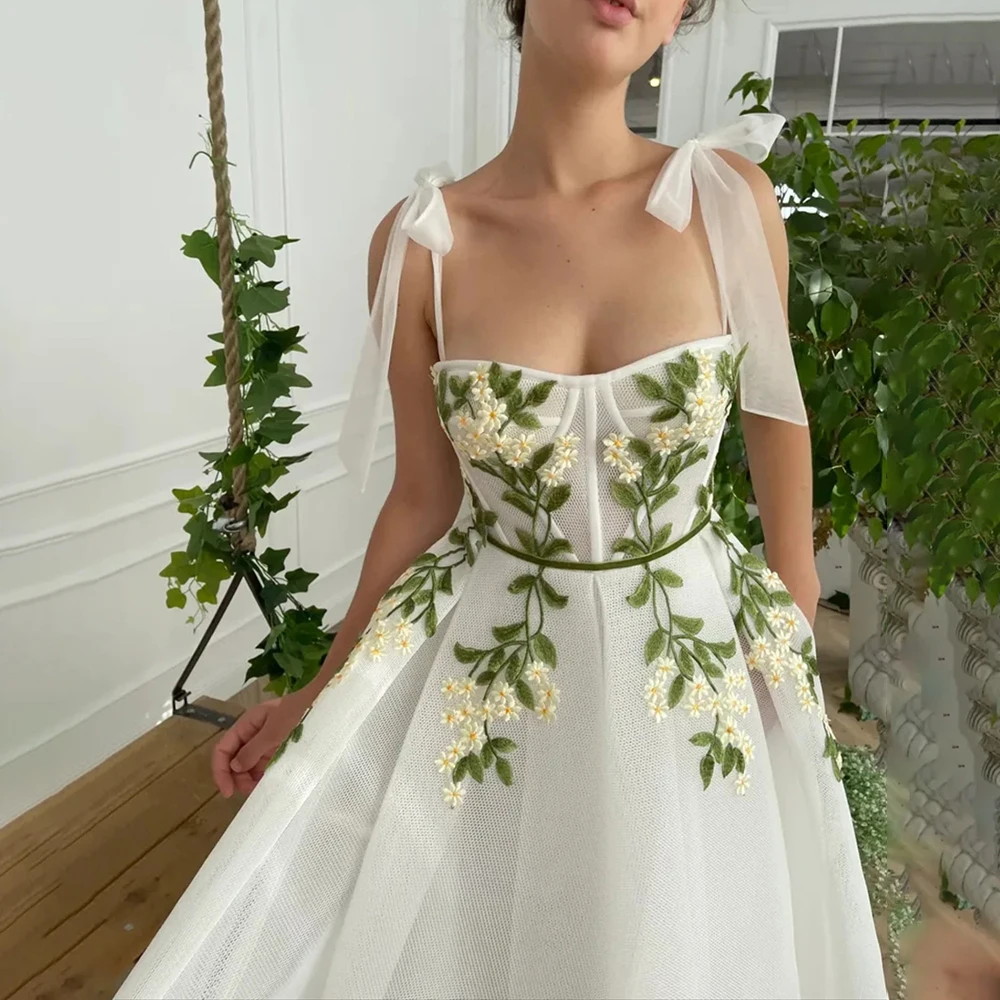 Customized Midi Embroidery Flowers Prom Gowns Holidays Sweetheart Green Leaf Appliques Swing Dance Birthday Dress Velvet Sash