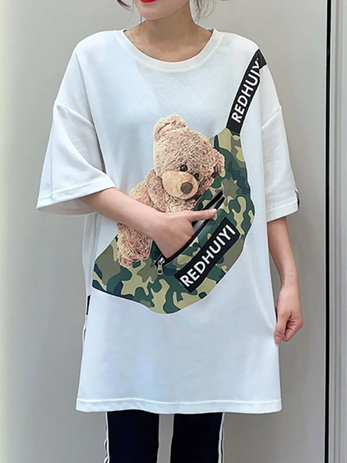 

plus Size Women's Summer New Bear Print Crossbody Pure Cotton ort Sve T-irt Zipper ket Versatile Korean Sle Loose...