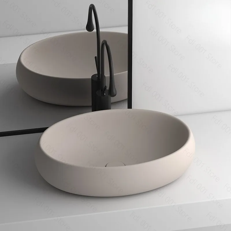 Khaki Oval Countertop Sink Ceramic Wash Basin Home Bathroom Balcony Vanity Sink French Bathroom Cabinet