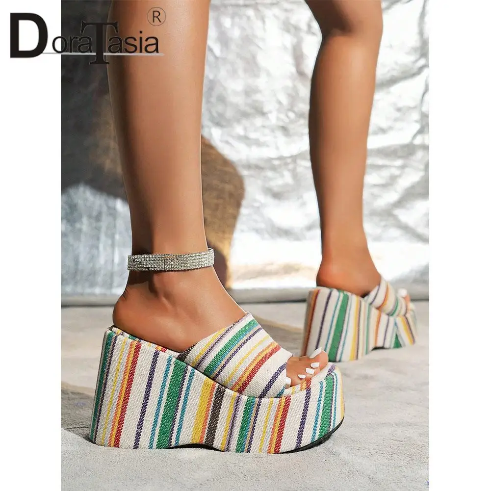 Brand New Ladies Peep Toe Platform Slides Fashion Mixed Colors Wedges High Heels Summer Sandals Women Casual Slipper Woman Shoes