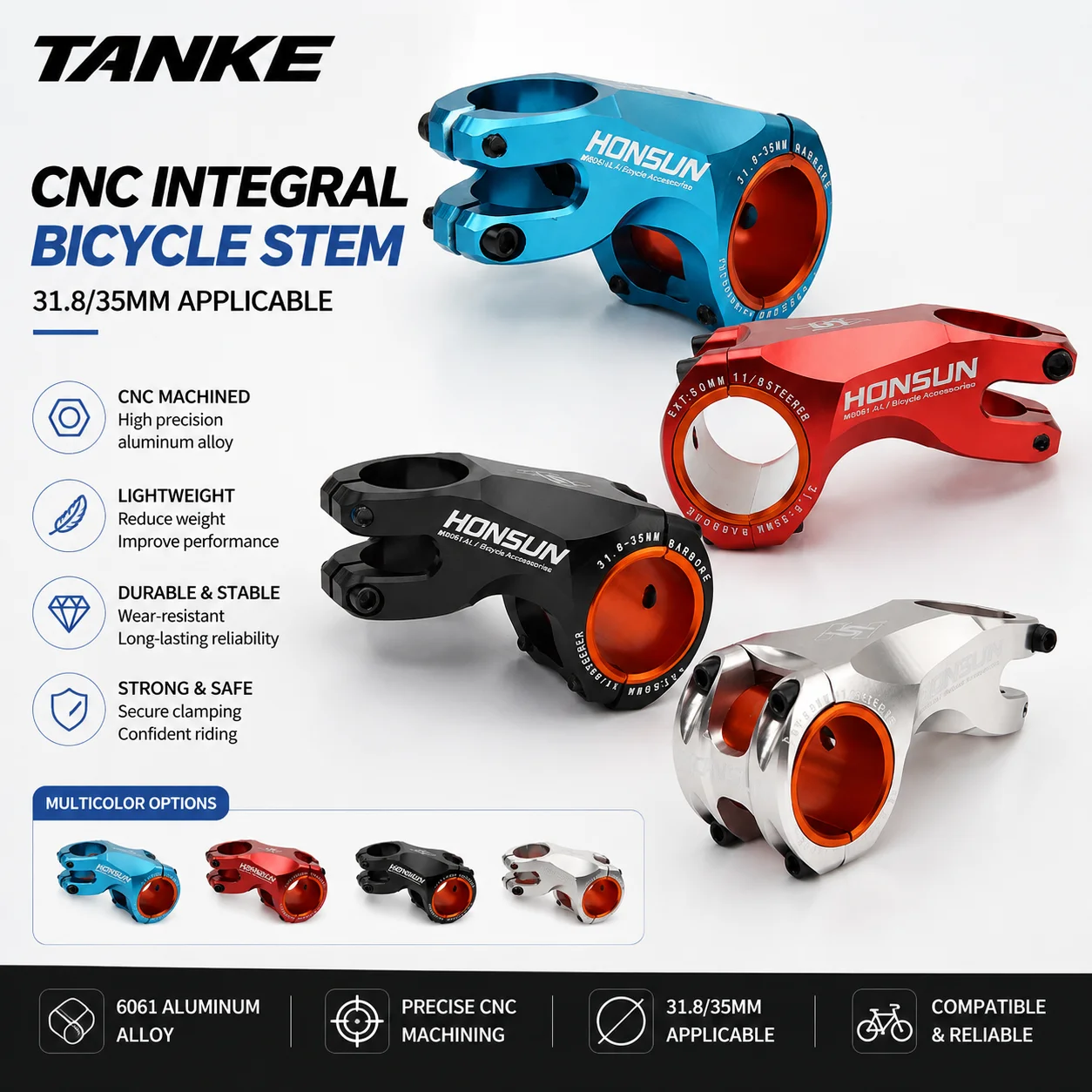 TANKE MTB Bike Stem CNC Aluminum Alloy 31.8mm 35mm Handlebar Stem 17 Degree Rise Ultralight Road Mountain Bicycle Accessories