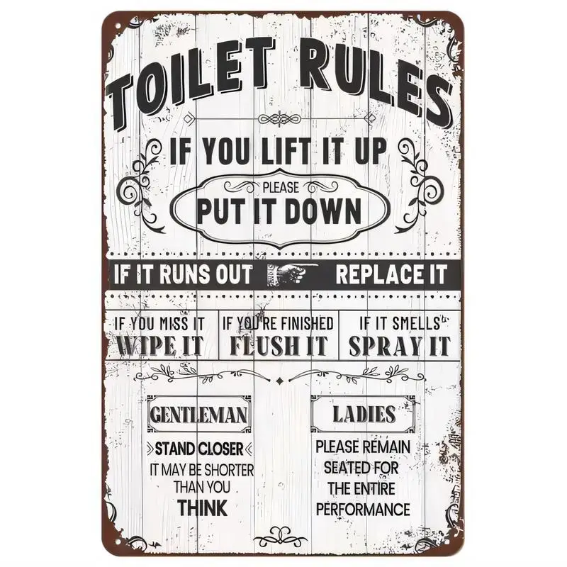 Vintage Metal Toilet Rules Sign - Funny Bathroom Humor Retro Tin Wall Art, Black White Rustic Design, Iron, Perfect for Bathroom