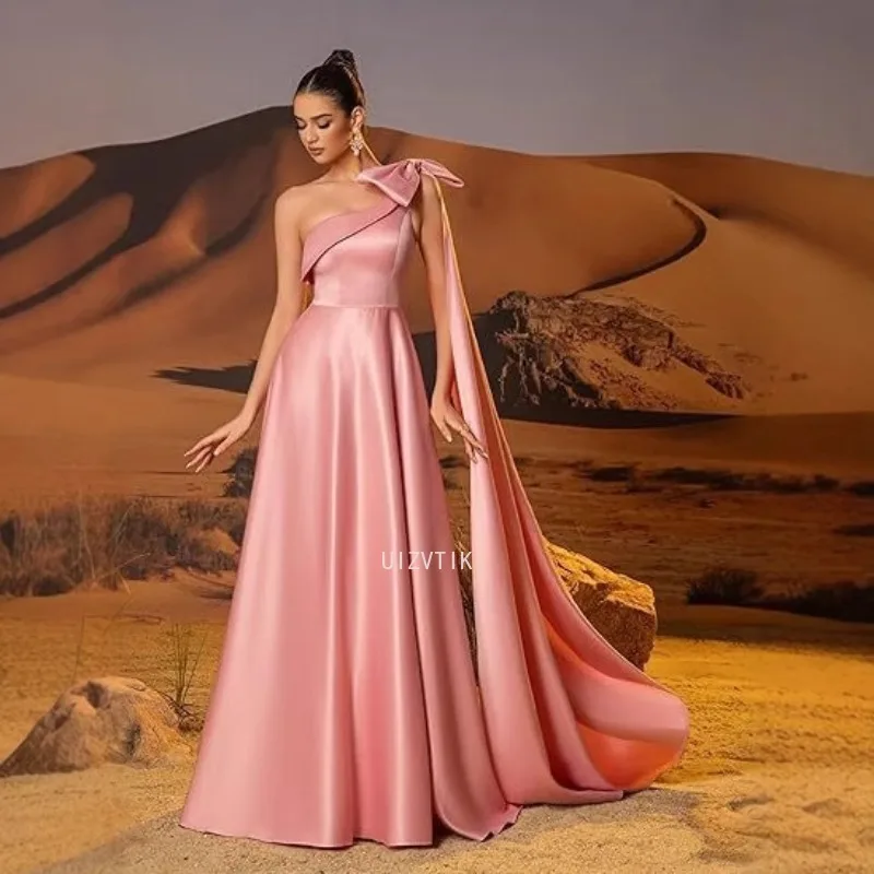 Elegant Bow Tied Ball Gowns Women One Shoulder Satin Prom Dresses Long Strapless Formal Evening A Line Corset Party Gown Robe