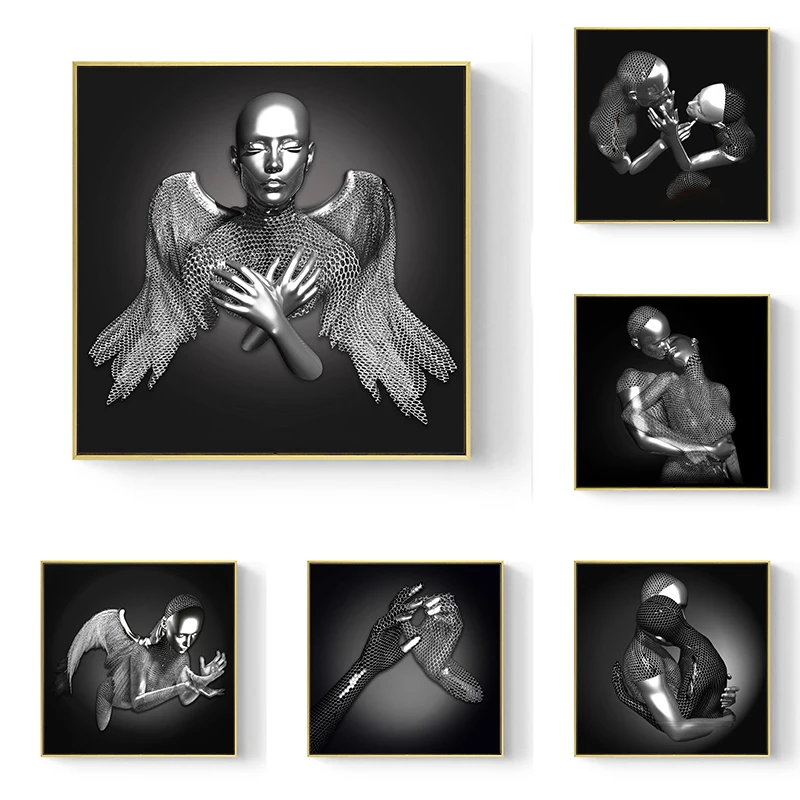 3D Effect Angel Hug Couple Sculpture Lover Art Posters Canvas Paintings Aesthetic Wall Art Prints Picture Room Home Decoration