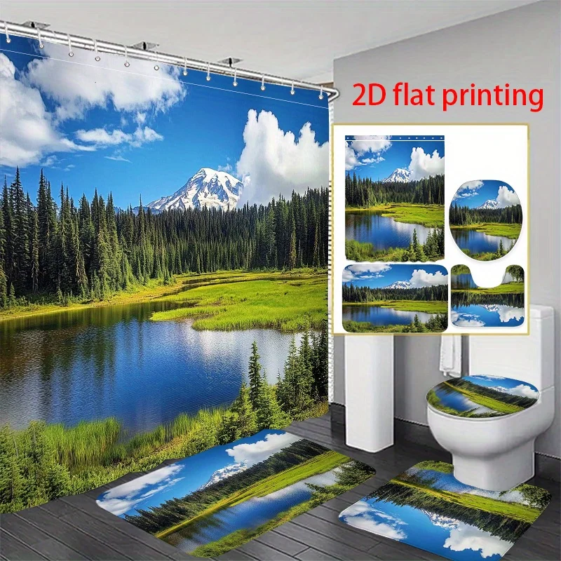 

4pcs 2D flat printing Hower Curtain Shower Curtain Set Mount Rainier Reflected on Lake Non Slip Bathroom Rug, Toilet U Shaped