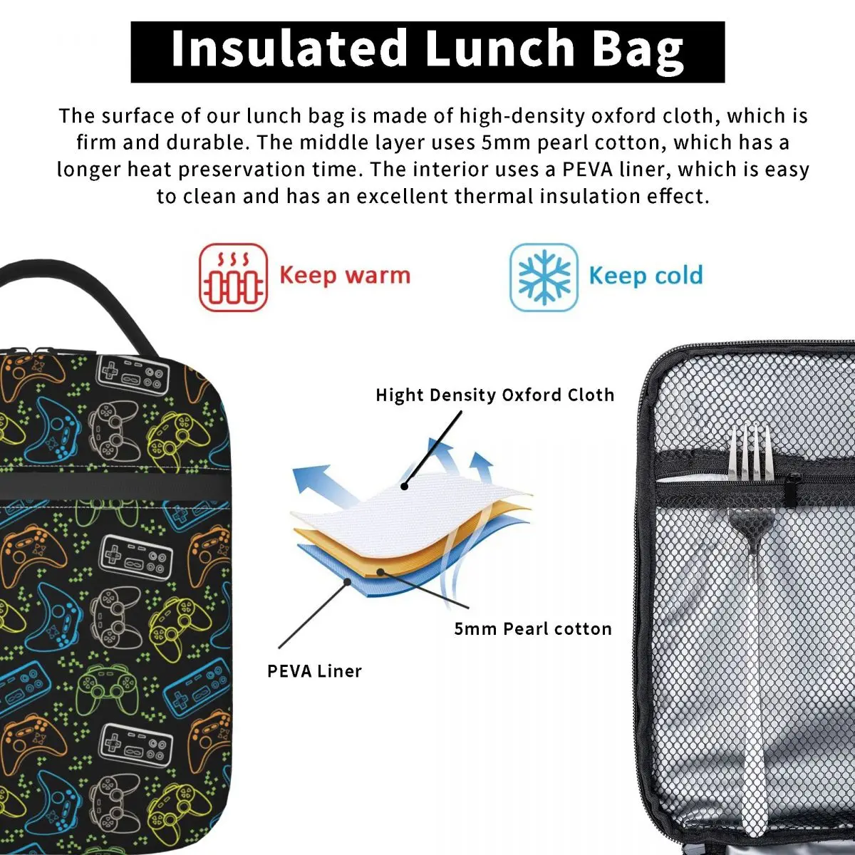 Video Game Controller Pattern Insulated Lunch Bag for Women Kids Leakproof Food Boxes Thermal Lunch Box Tote