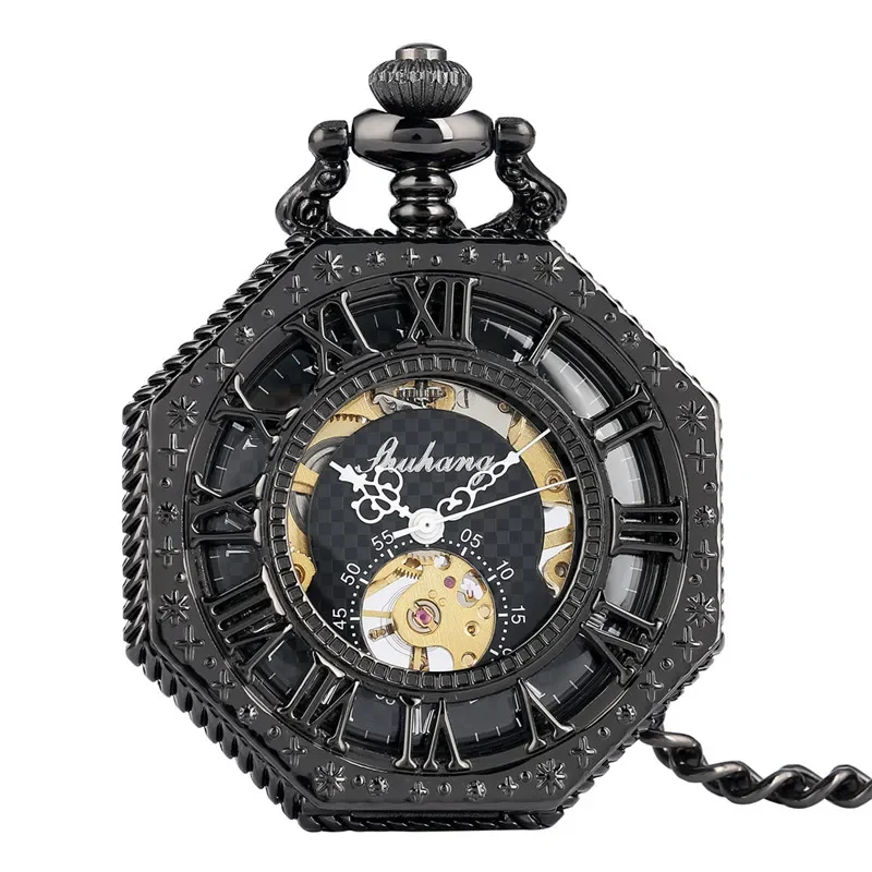 Antique Black Octagon Shape Clock Men Women Handwind Mechanical Pocket Watch Skeleton Clock Roman Number Dial Pendant Chain