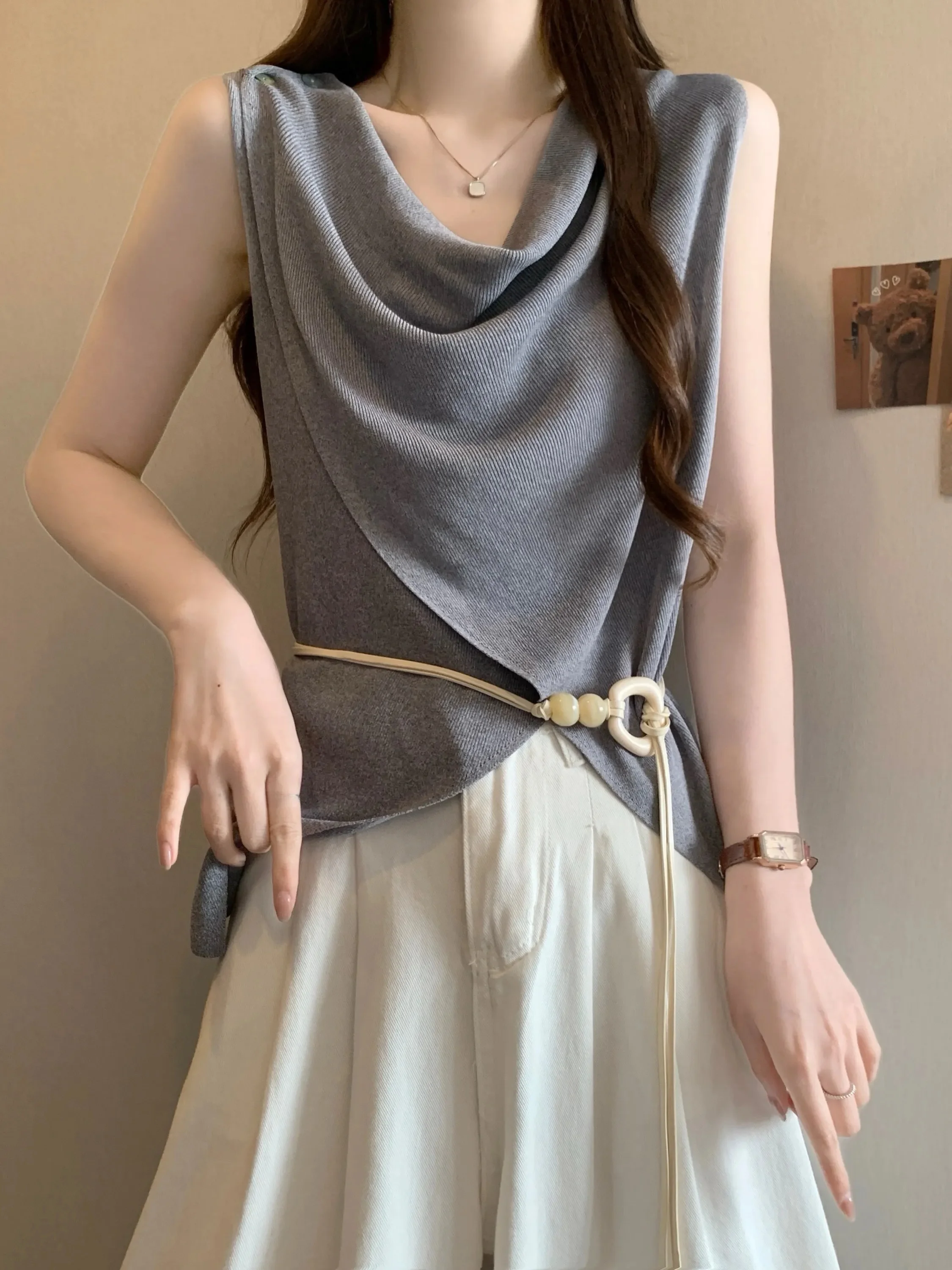 Summer Ice Silk Knitted Vest Irregular Neckline Sleeveless Women's plus Size Slimming Waist Cinched Bottoming Top