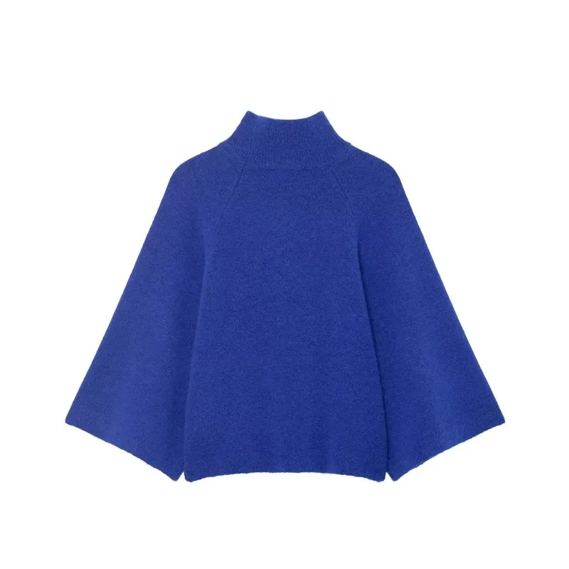 سترة نسائية محبوكة بأكمام واسعة للخريف والشتاء فضفاضة وياقة واقفة بلوفرات غير رسمية بأكمام طويلة ملابس علوية نسائية أنيقة