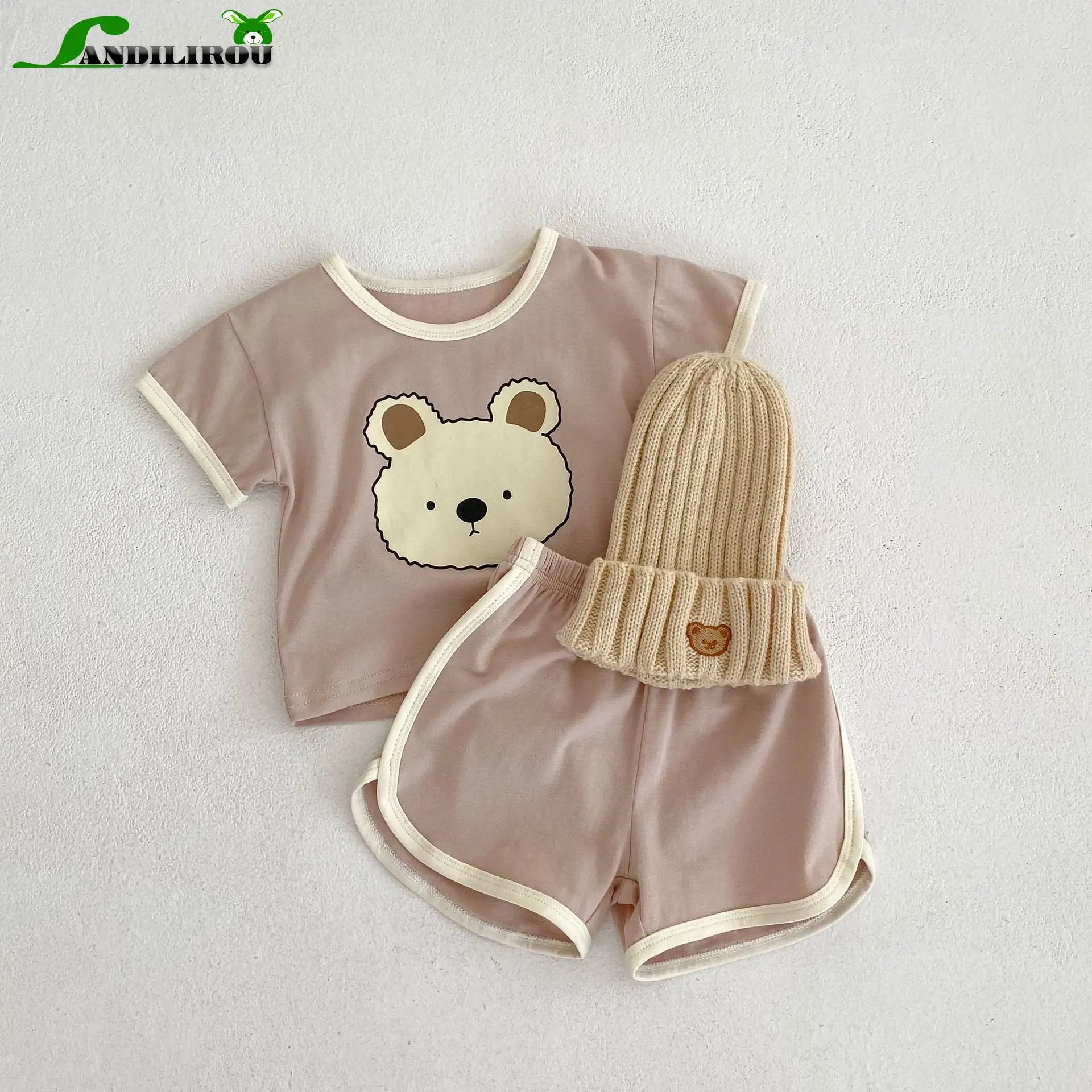 

Set 2pcs New In Summer Kids Baby Girls Boys Short Sleeve Bear Print Top T-shirts+shorts Toddler Infant Cotton Clothing