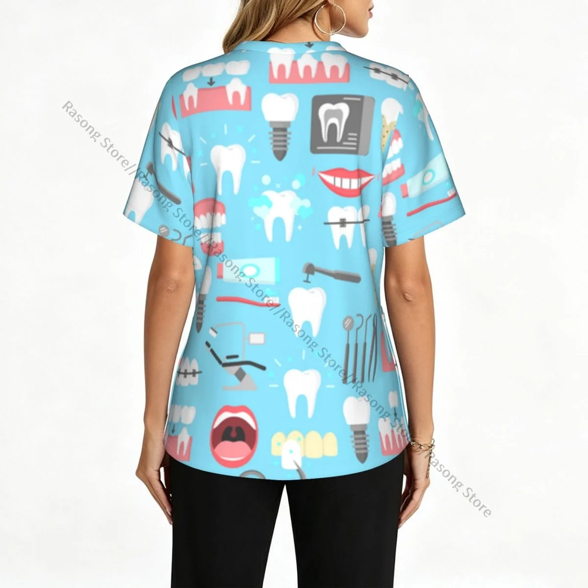 Women Scrubs Blouse Medical Nurse V-neck Clinical Scrubs Top Dental Pattern Operating Room Work T-shirt