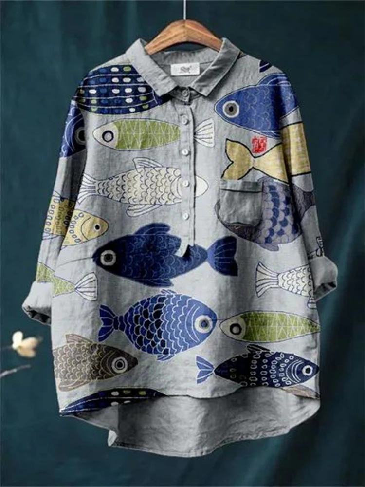 

Summer Women's Shirt Casual vintage fish Sardines Art long sleeve pocket shirt Hawaiian style printed V-neck shirt women's top