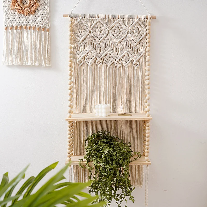 Macrame Wall Hanging Shelf, Boho Floating Shelf, 2 Tiers Woven Shelves For Plants Picture Frame, Home Storage Organizer