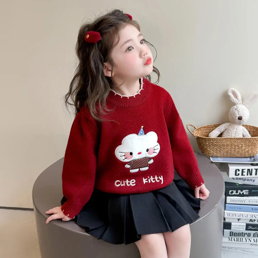 

Sanrio Hello Kitty Girls Spring Autumn Sweater Kids Pullover Warm Bottoming Shirt Long Sleeve Jumper Top Children's Clothing