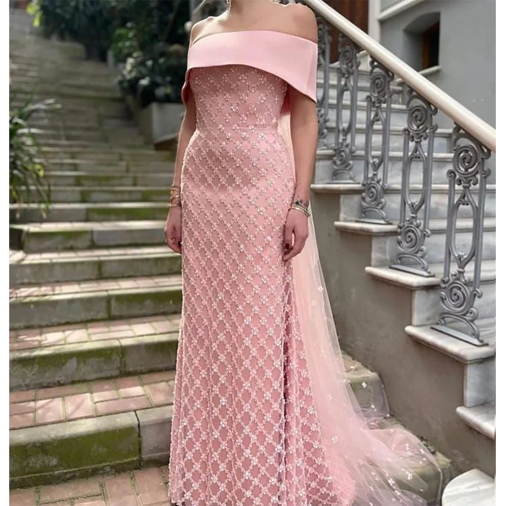 فستان سهرة وردي مزين بالترتر قبالة الكتف بدون أكمام فستان رائع للحفلات الراقصة سويب تراين فستان حفلة خاص حسب الطلب