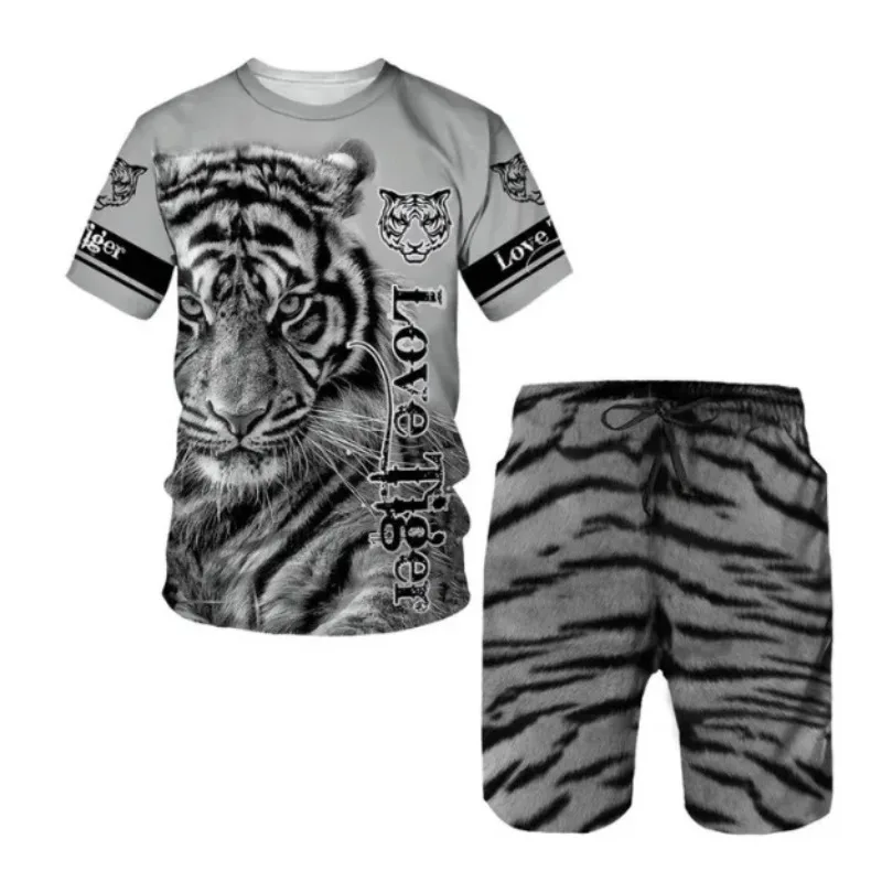 2025 New Summer Men's Set Shorts Set 3D Tiger Print Casual Sportswear Beach Sportswear Short Sleeved Shorts Two-piece Set