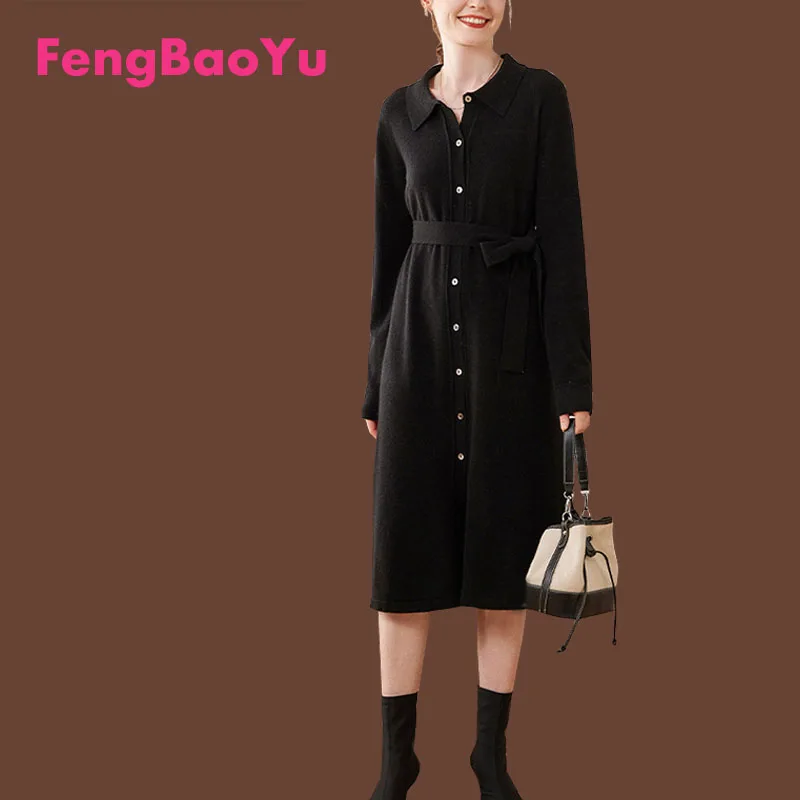 Fengbaoyu Autumn and Winter 100% Cashmere Dress Ladies Temperament Fashion POLO Collar Knitted Wool Cardigan Black Long Dress