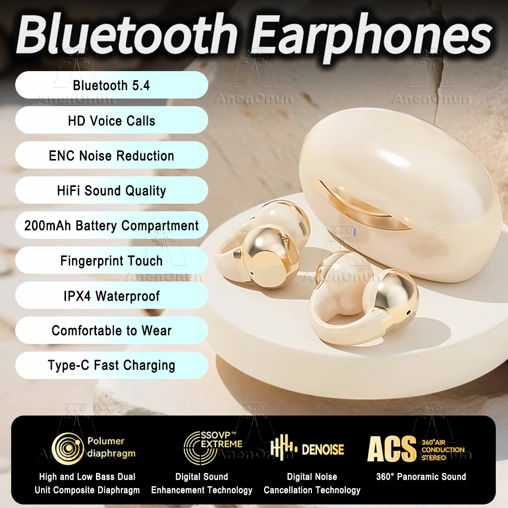 Ear Clip Wireless Headphones TWS Bluetooth Earphones 28H Playtime ENC Noise Canceling IPX4 Waterproof Handsfree Headset-Apricot