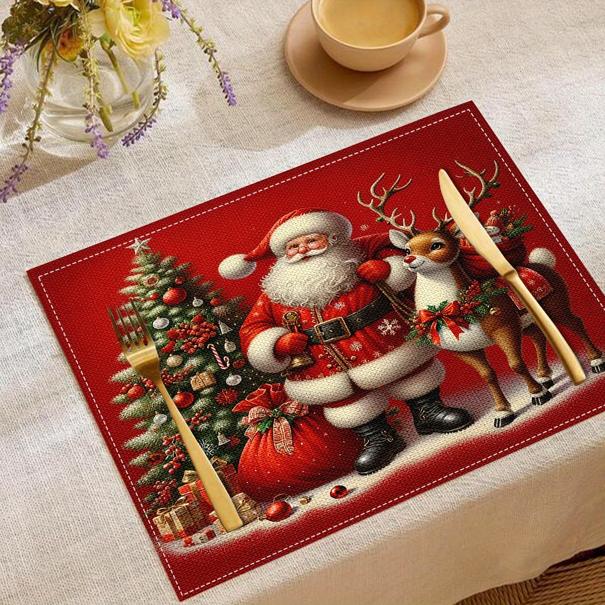30x45cm 4pcs Christmas Themed Placemats Linen Featuring Santa Claus And Reindeer Designs Suitable For Home And Restaurant Use