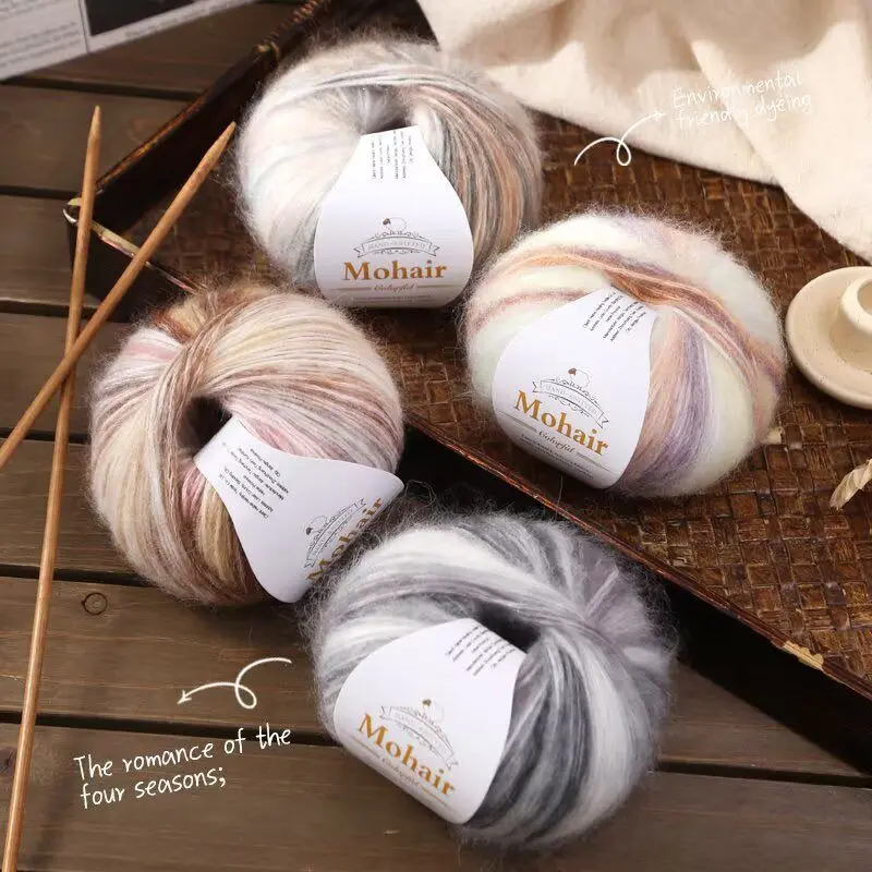 200g/set Rainbow Gradient Mohair Yarn for Hand Knitting Sweaters Shawl Scarf Hats DIY Segment Dyeing Fluffy Soft Thread Colorful