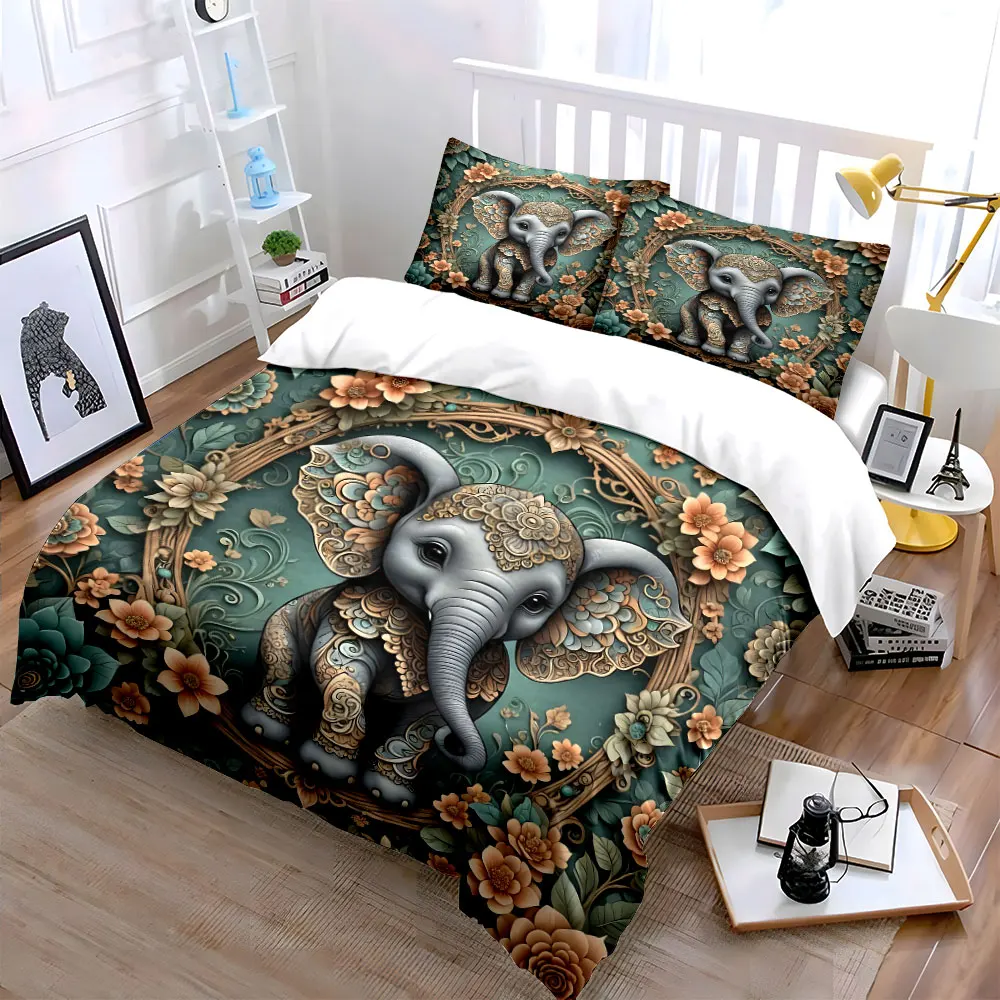 Ornate elephant with delicate flowers Pattern Duvet Cover Set Digital Print Colorful Polyester Bedding with Zipper Closur
