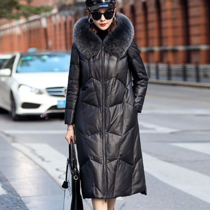 2023 New Women Down Jacket Winter coat Female Mid length version leather coat Loose hooded Parkas thick warm outwear