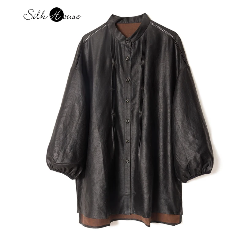 Minimally Designed Black Hollowed Out Shoulder Stand Up Collar 100% Natural Mulberry Silk Fragrant Cloud Yarn Women's Coat