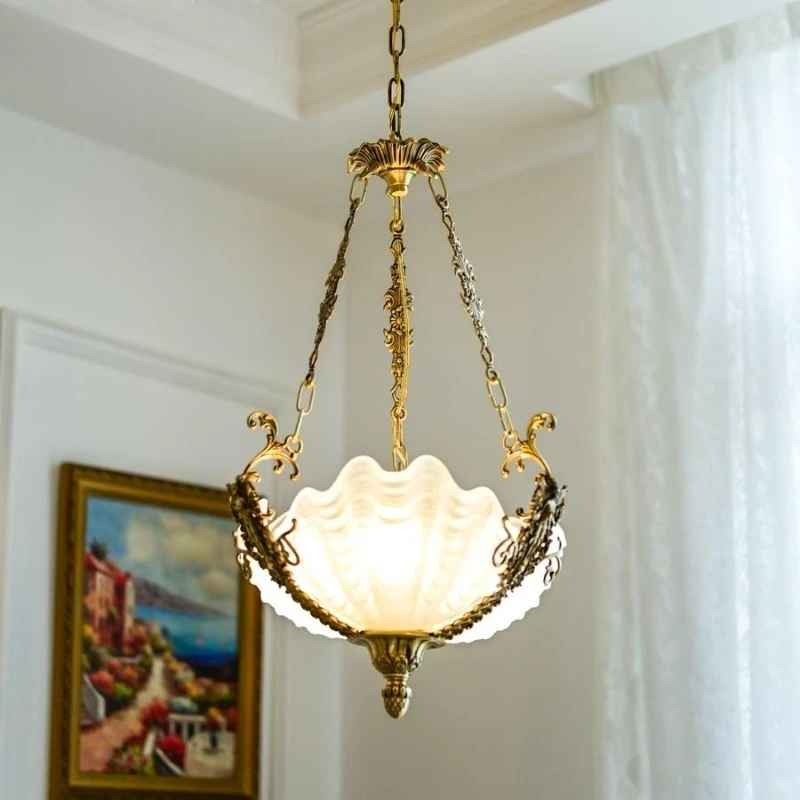 

French Vintage Carving Brass Pendant Lights White Frosted Glass Hanging Lamps Living Room Bedroom Kitchen Restaurant Chandelier