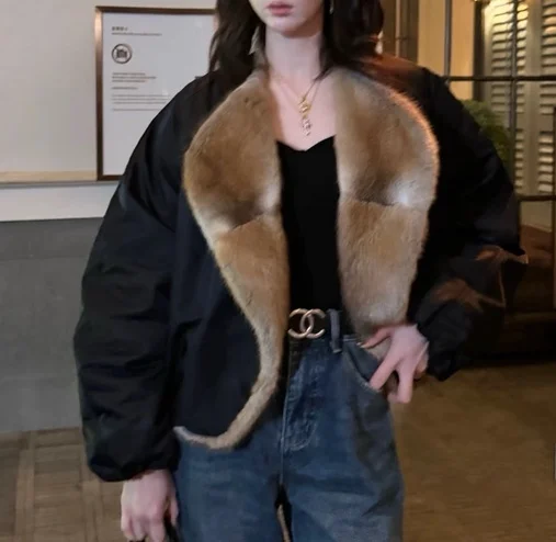 Herfst Winter Nieuwe Sle Dames Losse Afslankende ort Leer Jaet Du Down Jas Stand Kraag Qinggen Bont Bovenkleding