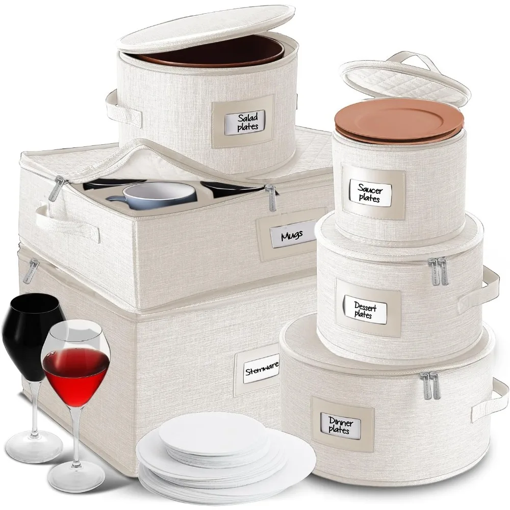 

6-Piece Fine China Storage Containers with Dividers, Stackable Plate and Glass Organizer Boxes in Cream