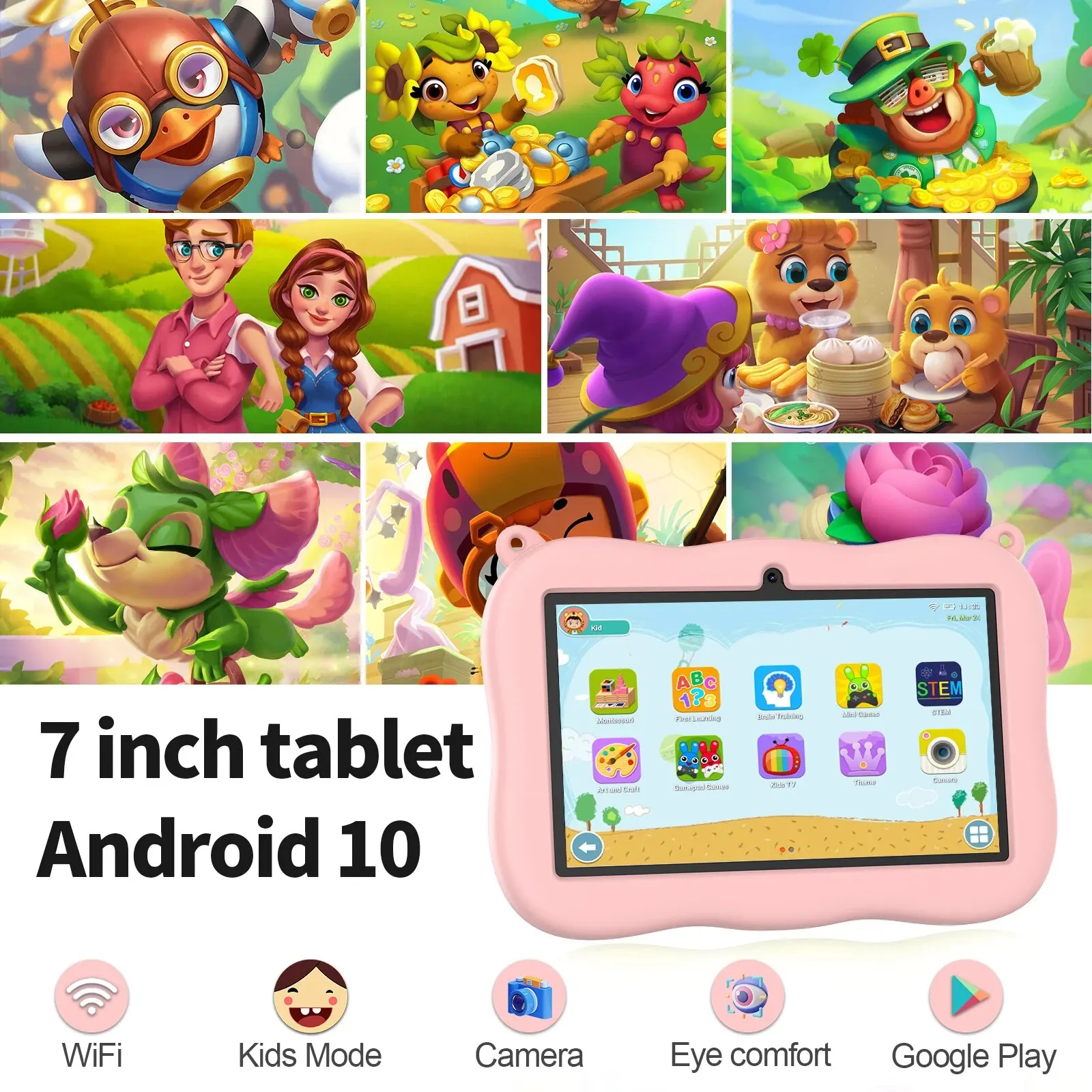 PRITOM Tablet anak-anak, perangkat lunak edukasi Bluetooth 7 inci Android 11 32 GB RAM WiFi dilengkapi dengan casing tahan guncangan