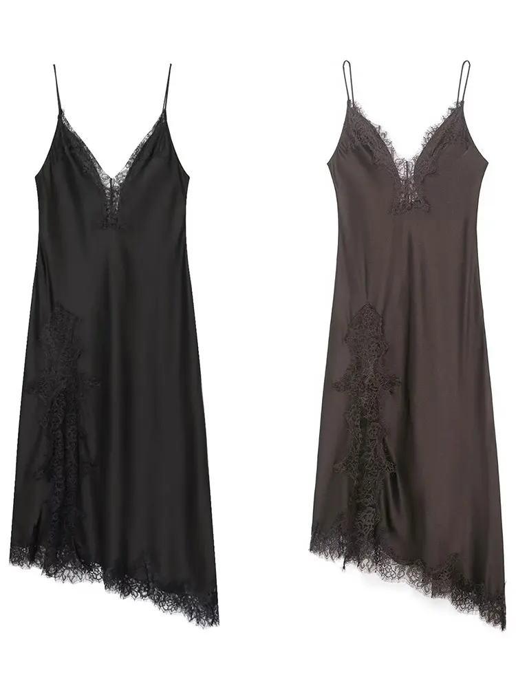 เดรสยาวผ้าซาตินแต่งลูกไม้สำหรับผู้หญิง ดีไซน์เซ็กซี่เปิดหลัง แขนกุด เหมาะสำหรับงานปาร์ตี้และงานกลางคืน แฟชั่นฤดูร้อนสำหรับสุภาพสตรี