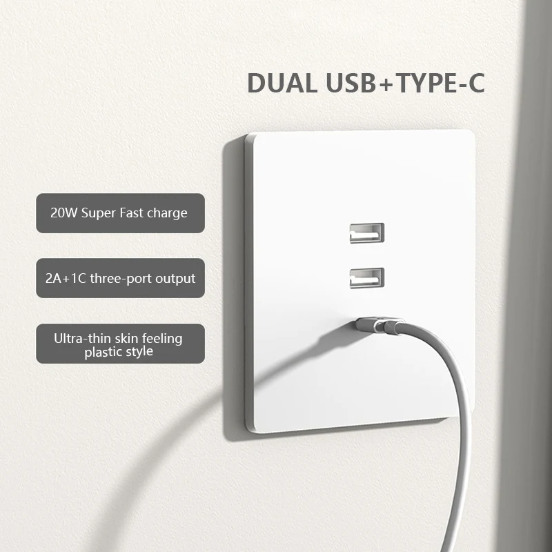 Universal 20W Super Fast Smart Charge Type C USB Port Glass Plastic Power Wall Socket Plug,Quick Charge Adapter Dual USB Socket