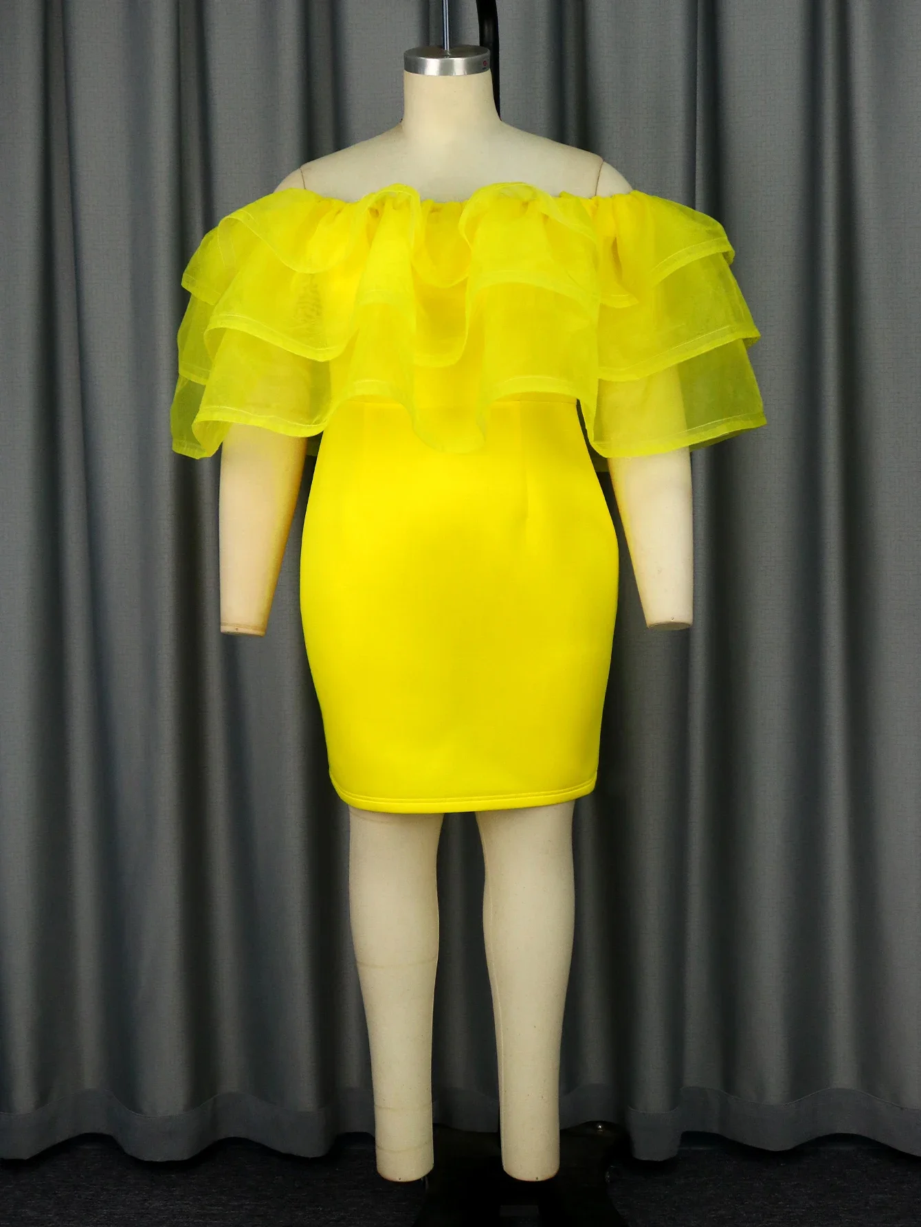 Imagem -02 - Feminino Amarelo Sheer Tiered Ruffle Off Shoulder Mini Vestido Club Party Dress Pacote Hip Vestidos Slim Aniversário Roupas de Coquetel Tamanho Grande