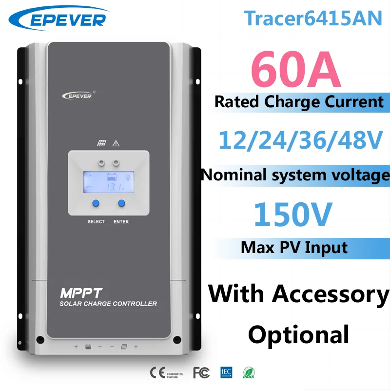 EPEVER Tracer6415AN 60A MPPT Solar Charge Controller 12V24V36V48V Max PV 150V fit LeadAcid and Lithium with Accessory Optional