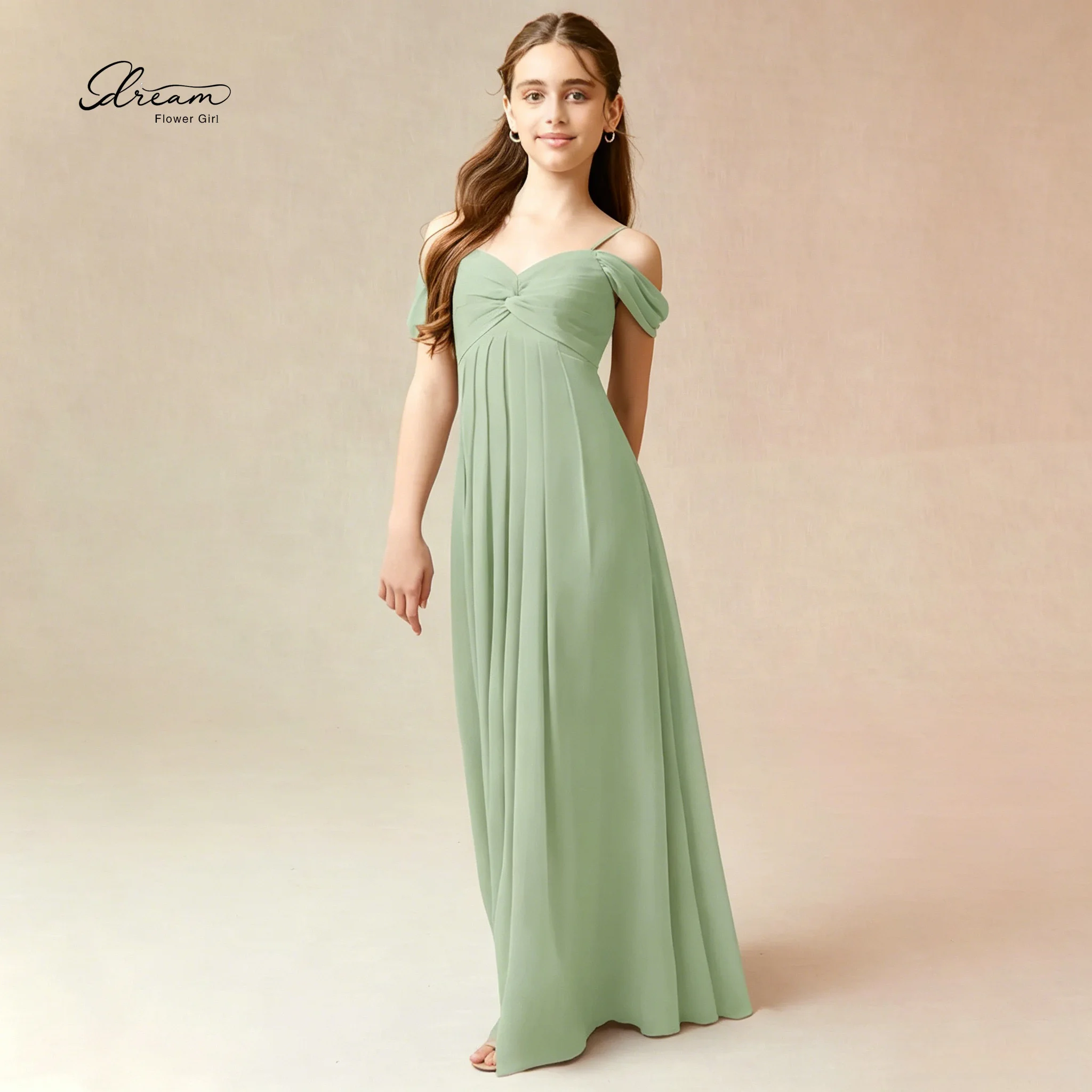 Green V-Neck Off-Shoulder Sleeveless Chiffon Floor-Length Children's Formal Gown with Pleated Waist Design