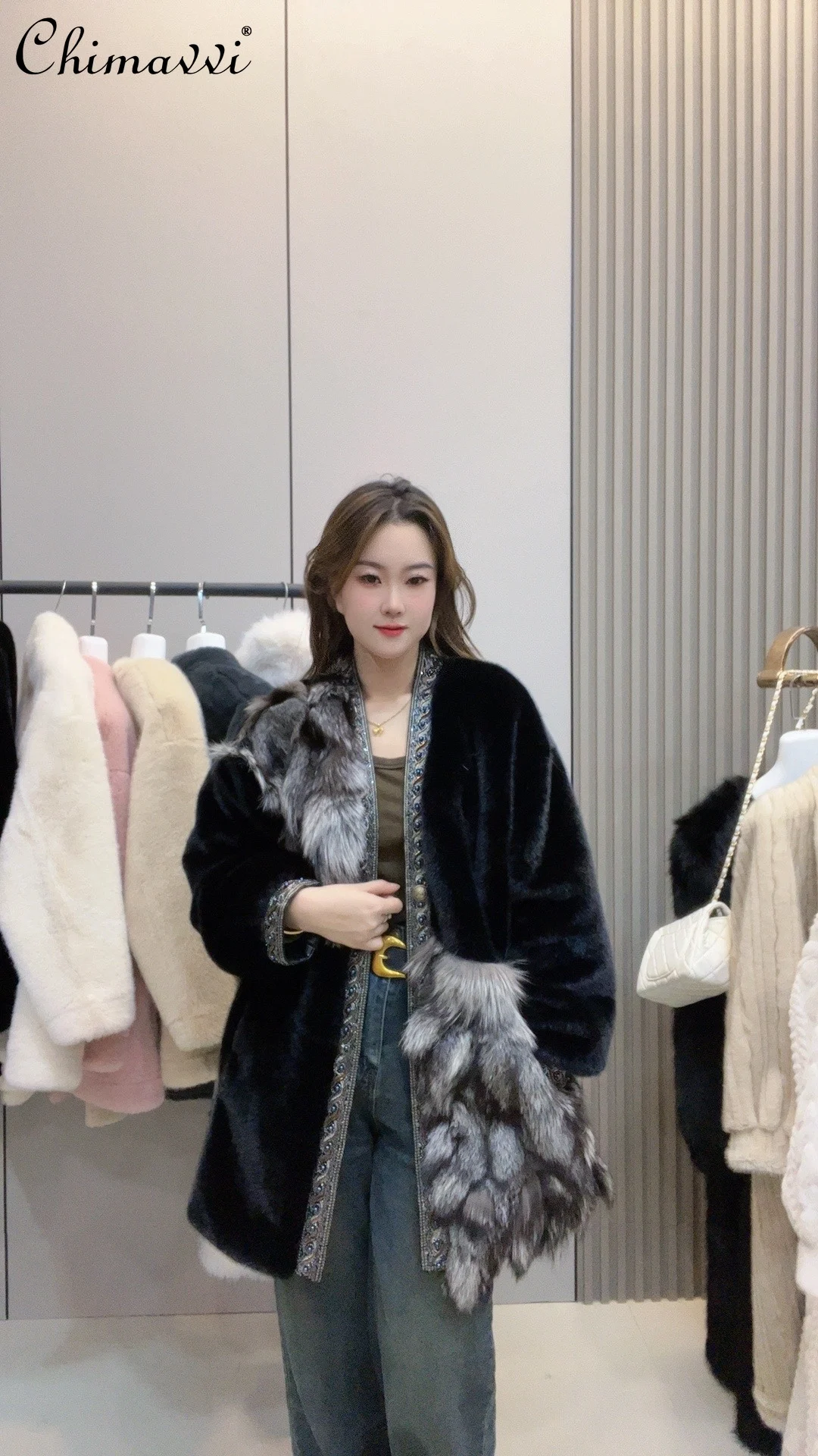 2024 Winter New High-End Fox Fur Jacket Heavy Industry Beaded Long Sleeve Loose Thick Slimming Temperament Women\'s Fur Coat