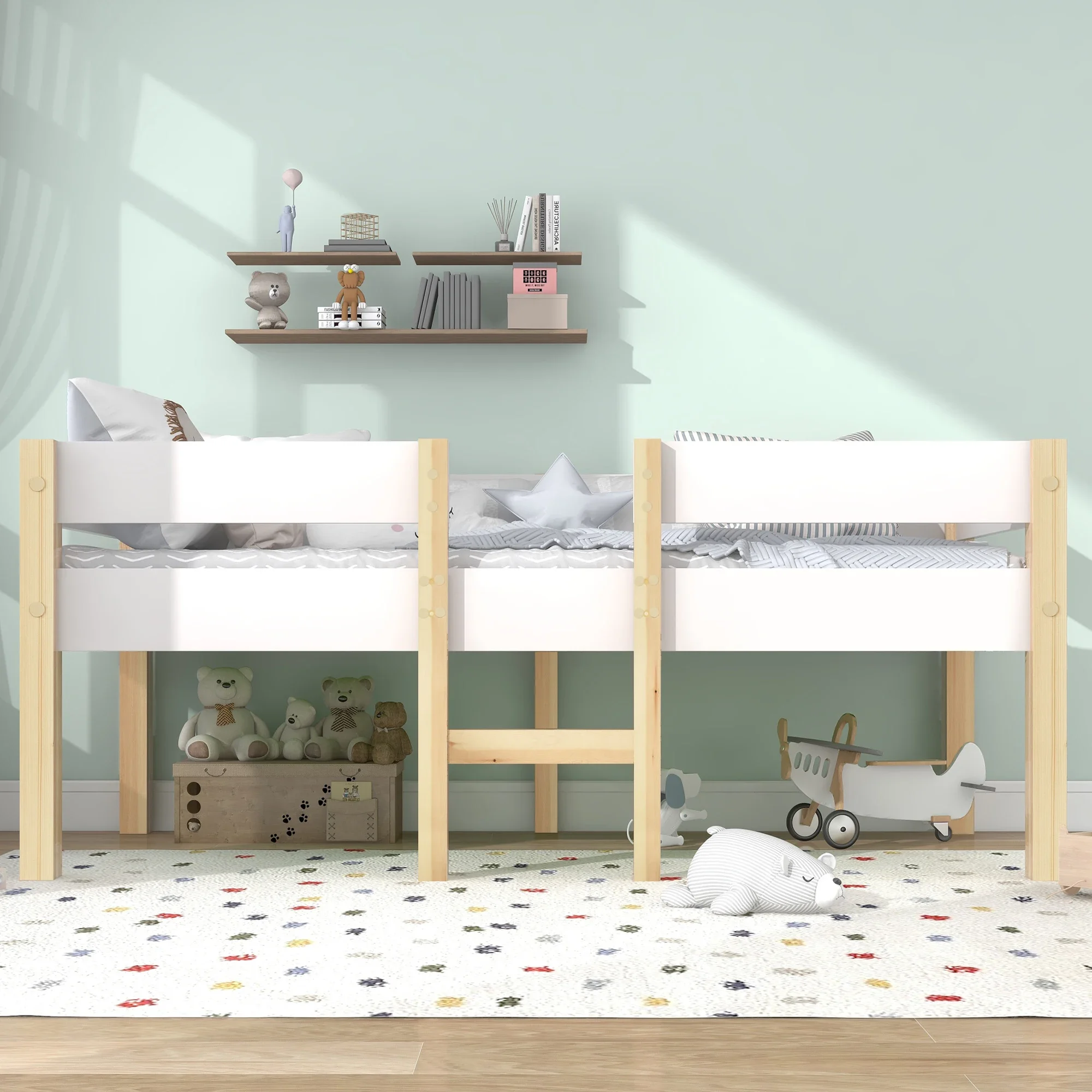 

Customizable 90x Child bed, with fall protection, drink frame with ladder, white and oak color, without mattress