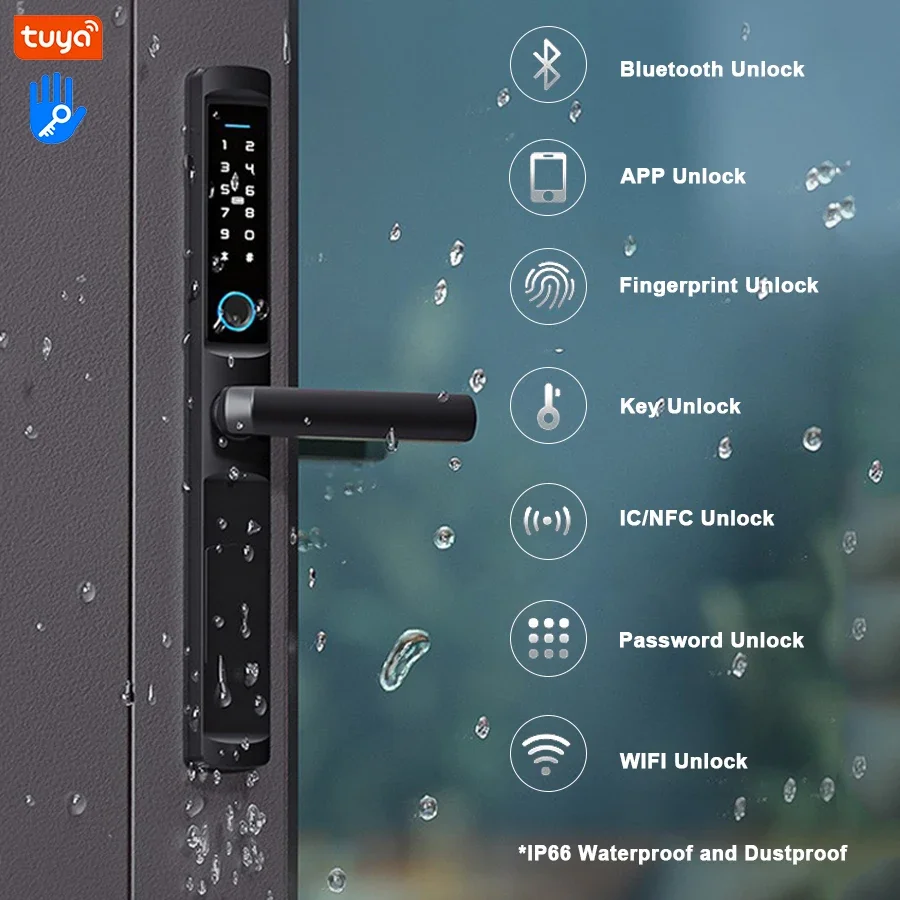 Tuya WiFi Waterproof Outdoor Gate Fingerprint Lock Ttlock App RFID Card Code Electronic Smart Door Lock Glass Aluminum Sliding